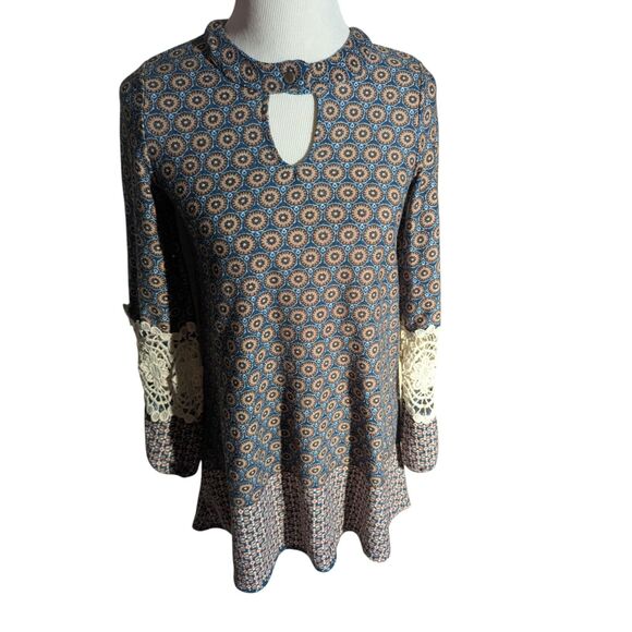 Ces Femme S/Chico Dress Patterned Print Keyhole Lace Cuff Long Sleeve Trendy - Picture 2 of 6